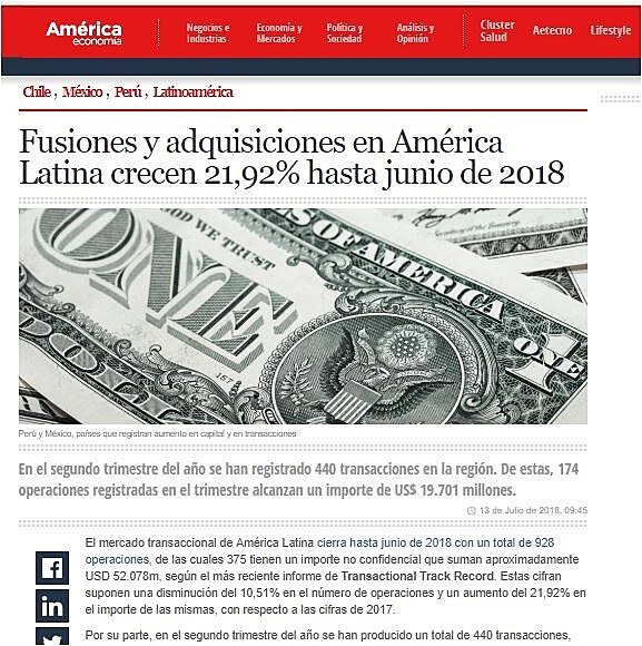 Fusiones y adquisiciones en Amrica Latina crecen 21,92% hasta junio de 2018